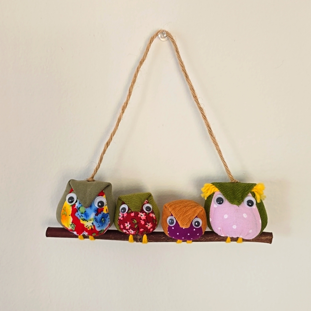Wall Decorating Colorful Fabric Handmade 4 Owls Family Branch Wall Hanging 8"×7"